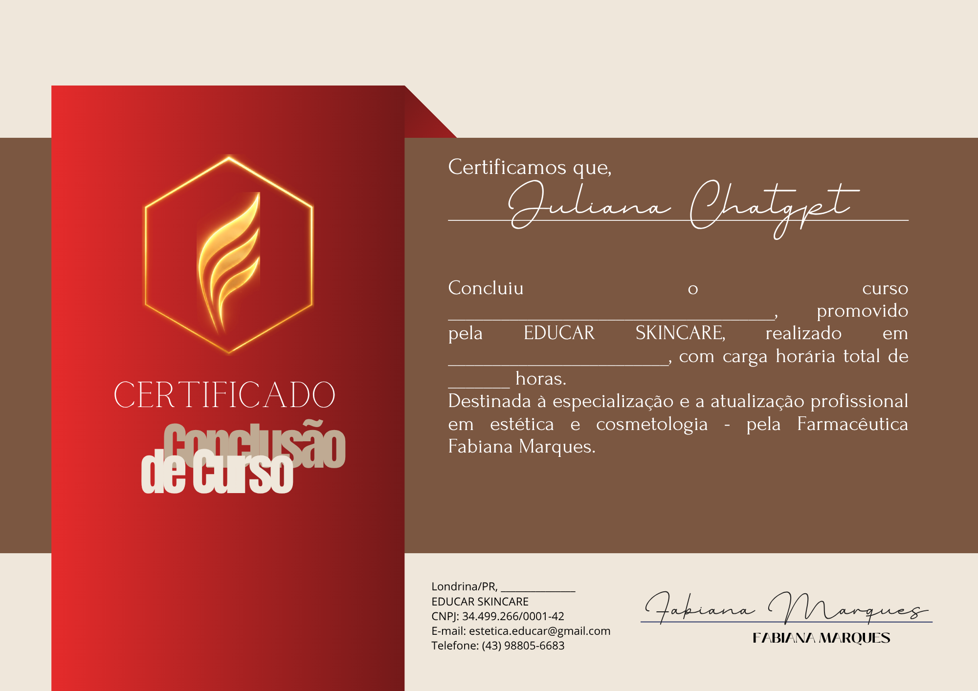 Certificado de conclusão de curso com a assinatura de Fabiana Marques